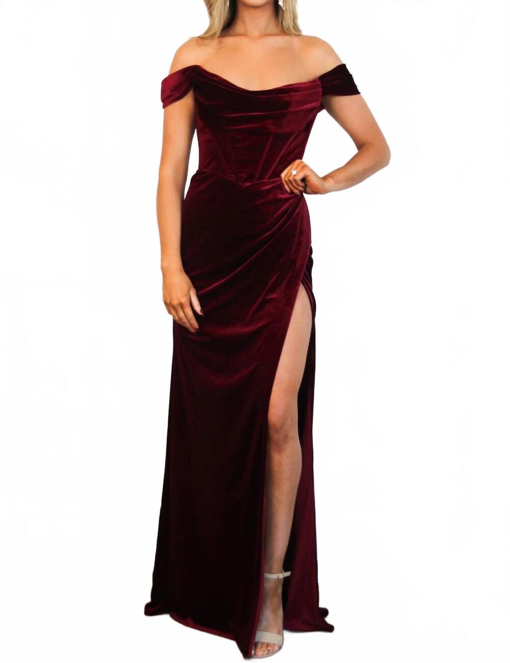 NEW CINDERELLA DIVINE evelynn bustier velvet off shoulder formal dress in burgun